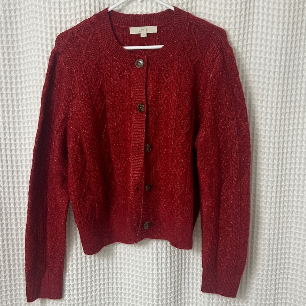 LOFT Women’s Rich Red Cable Knit Button Cardigan Sweater